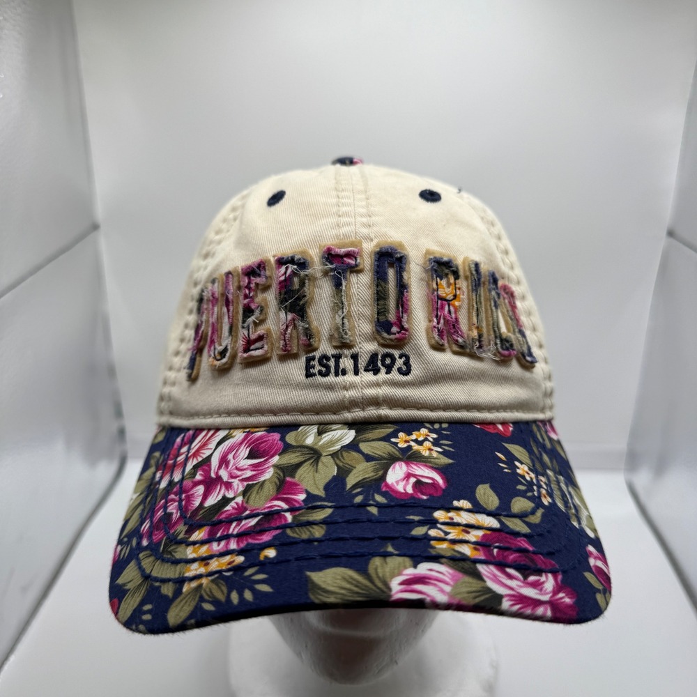 Puerto Rico Floral Brim Baseball Cap Tan Navy Blue Distressed Hat Robin Ruth